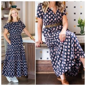 Anthropologie x Maeve Somerset Maxi Dress Navy Blue Pockets Size XS